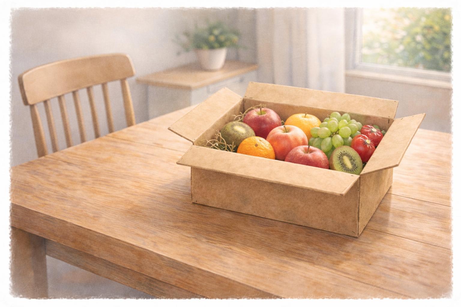 テーブルの上に置かれたフルーツ定期便の箱