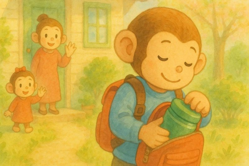 おサルの男の子がスープジャーを持って外出