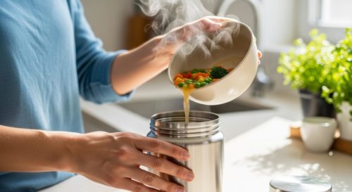 温めたスープをスープジャーに注いでいる。