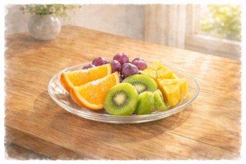 テーブルの上にカットフルーツが置かれている。