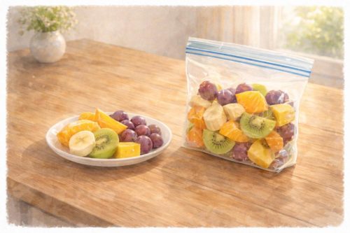 今日食べる分と冷凍保存用のフルーツが並べられている。