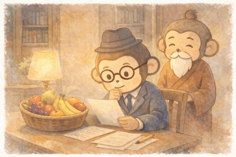 サル太がフルーツ定期便の勉強をしている。その後ろでサル仙人が見守っているシーン