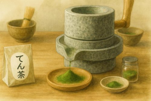 中央に石臼、そのまわりに抹茶の道具や碾茶、抹茶の粉末が置かれている