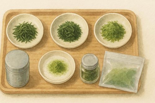 3種の茶葉とビンやジップロックに保存された抹茶