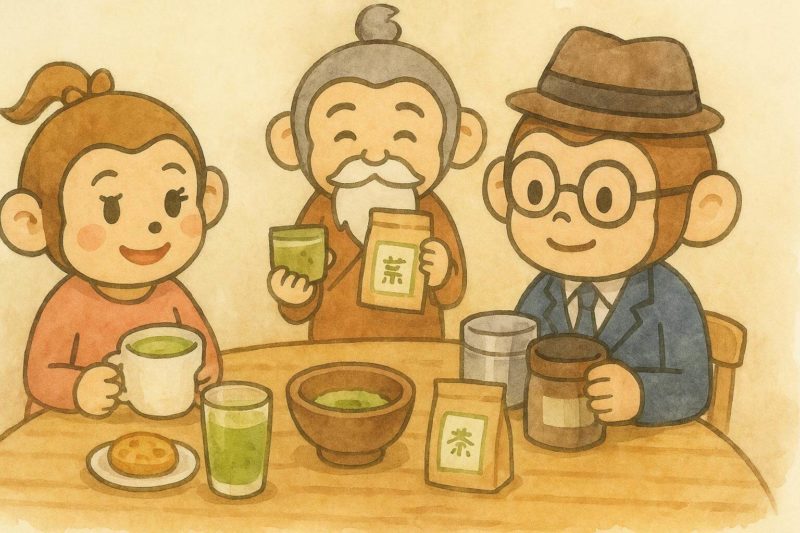 おサルの一家がお茶を味わっている。