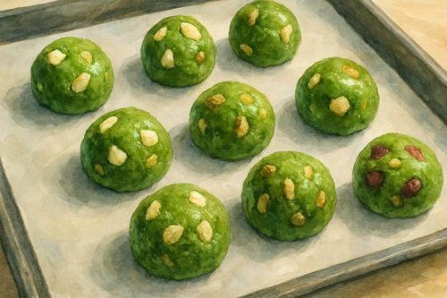 ベーキングシートを敷いた天板に、等間隔で並ぶ生地ボール