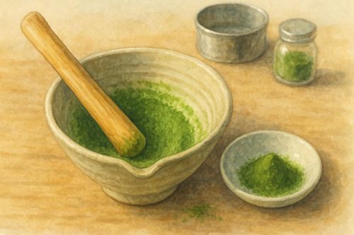 すり鉢で抹茶を作っている