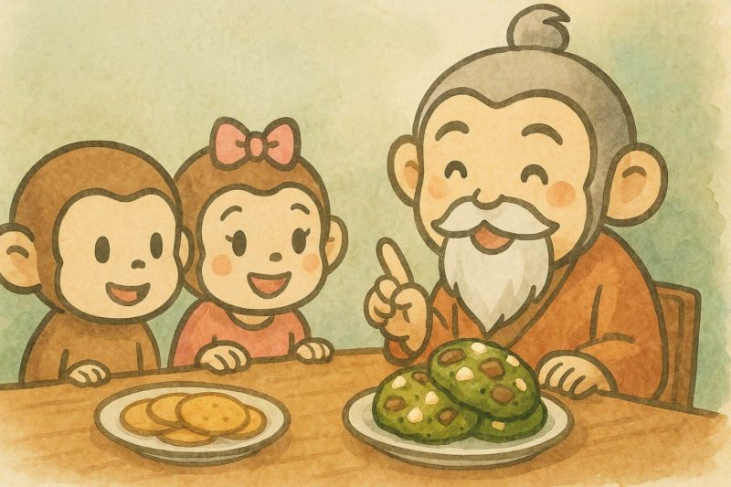 おサルの一家、サル仙人が子供たちにクッキーの種類について説明している