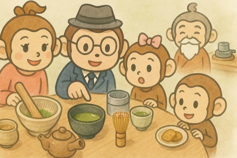 おサルの一家が、お茶について学んでいる。