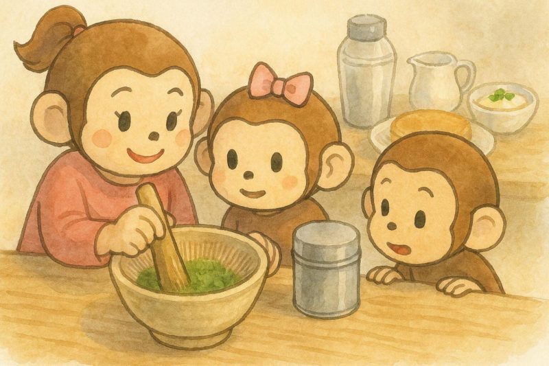 おサルの一家がお茶をすり鉢に入れて抹茶風の粉末をつくっている。