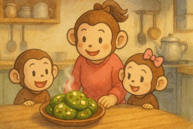 おサルの一家のサル子が子供たちに抹茶チャンククッキーを焼いてあげた様子