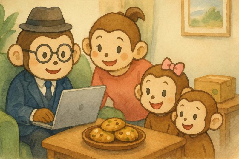 おサルの一家、サル太がノートパソコンで通販を調べている。それを家族が見守っている様子。