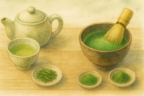 緑茶と抹茶を並べて比較している。