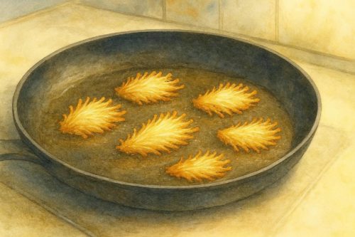 えのきを揚げ焼きしているシーン