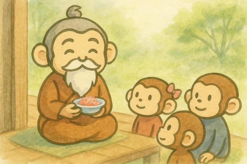 サル仙人が孫たちに桜でんぶを見せながら語っている。