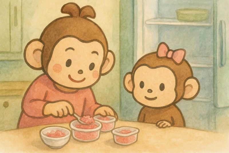 サル子が桜でんぶを小分けにしている。それを見つめるサル美。