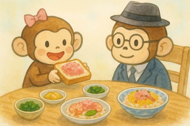 サル美がマヨでんぶトーストを作って得意げにしている。それを感心して見つめているサル太。