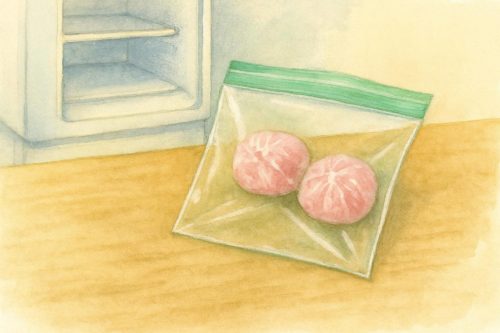 小分けにラップした桜でんぶをジップロックに入れ冷凍してようとしている。