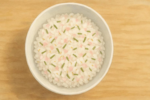 桜でんぶと刻み海苔、白ごまの混ぜご飯。