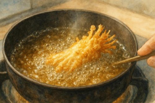 えのきを油で揚げているシーン
