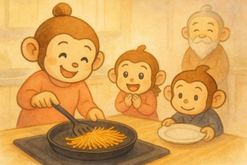 おサルの一家がカリカリえのきを調理している。