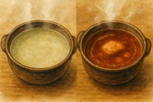 左に水炊き、右に醤油仕立てのあんこう鍋