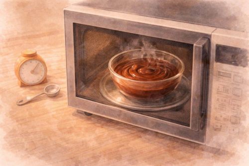 チョコレートフォンデュを電子レンジで温めているシーン。