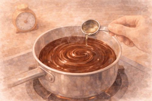 チョコレートフォンデュにオイルを入れているシーン。