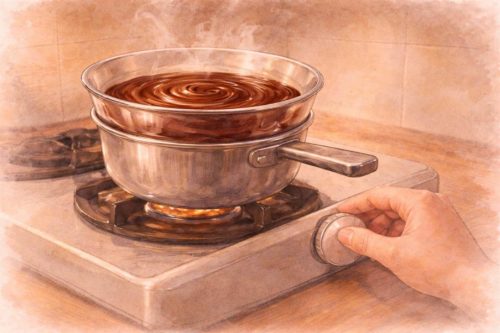 チョコレートフォンデュを湯煎しているシーン。