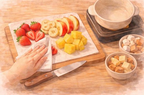 チョコレートフォンデュの具材（イチゴ、バナナ、リンゴ、パイナップル、パン、マシュマロ）
