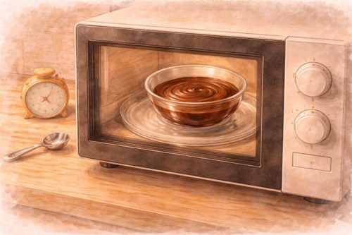 電子レンジで固くなったチョコレートフォンデュを復活させているシーン。