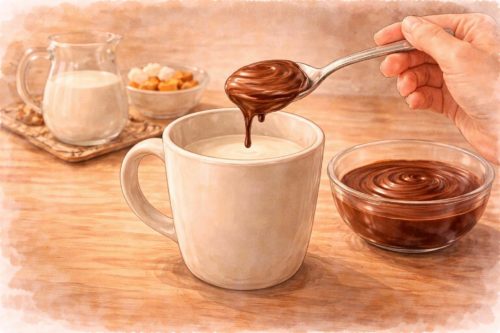 ホットミルクにチョコレートフォンデュを入れているシーン。