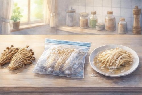 茶色く変色したえのき、長い期間冷凍し霜がたくさんついたえのき、自然解凍によりドリップが出てしまっているえのき