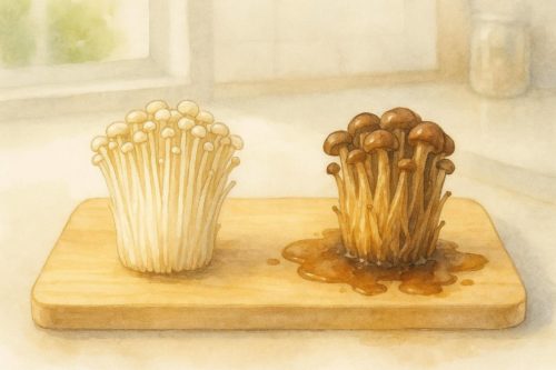 新鮮なえのきと、茶色く変色し水分が流れ出ているえのきの対比