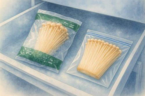 市販の袋に入ったままのえのきと、冷凍用保存袋に入ったえのきの対比