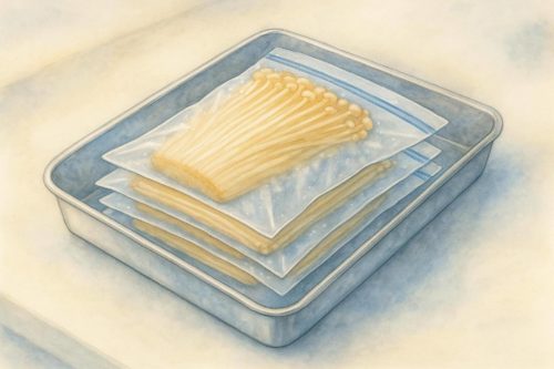 金属のトレイに収納されている冷凍用保存袋に入ったえのき