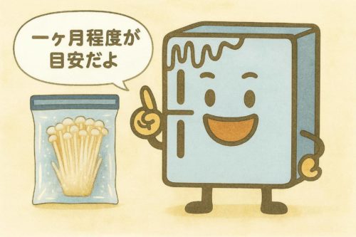 擬人化された冷凍庫が、保存期間は1か月が目安だと教えてくれているシーン