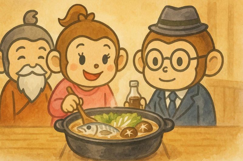 おサルの一家が醤油仕立てのあんこう鍋について学んでいるシーン
