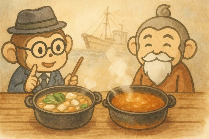 サル太とサル仙人が、あんこう鍋とどぶ汁の違いについて論じあっている。