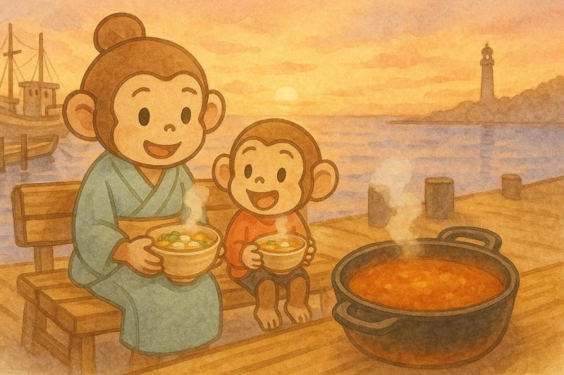 サル子とサル吉が、旅行先の大洗でどぶ汁を食べている。
