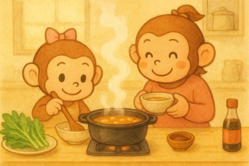 サル子とサル美が自宅であんこう鍋を作っている。