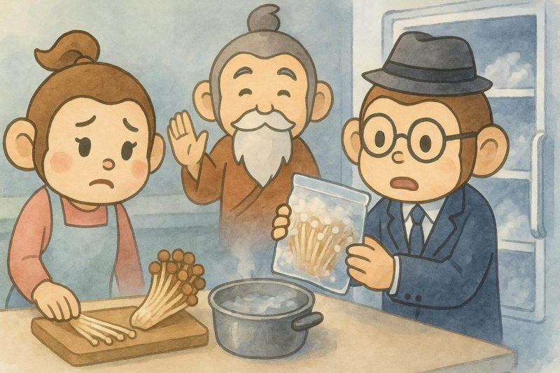 おサルの一家が、えのきを冷凍して失敗して困っているシーン