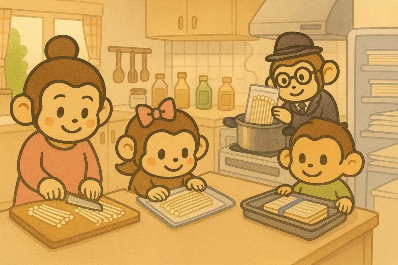 おサルの一家が、えのきの冷凍保存のために作業をしているシーン