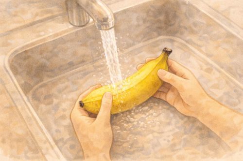 バナナを流水で洗っているシーン