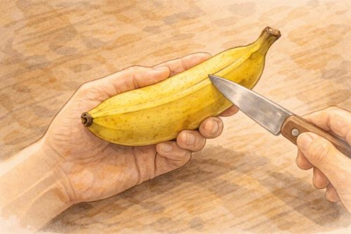 ナイフでバナナに切れ込みを入れているシーン