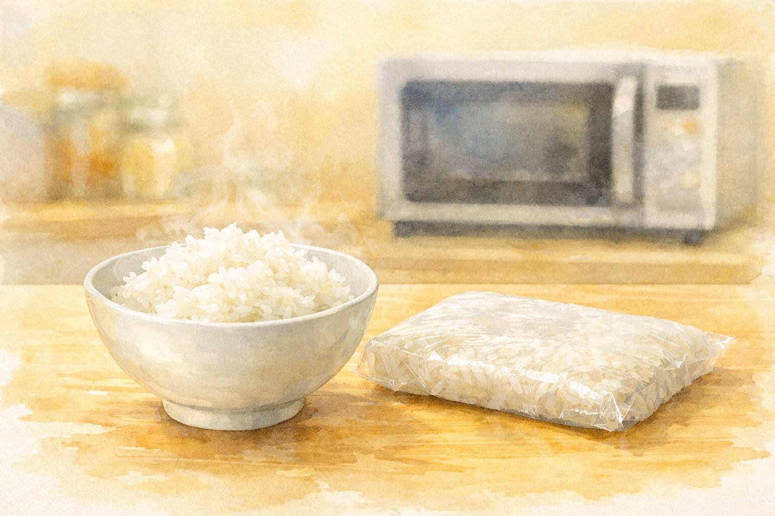 お茶碗に盛られたご飯と冷凍ご飯パック