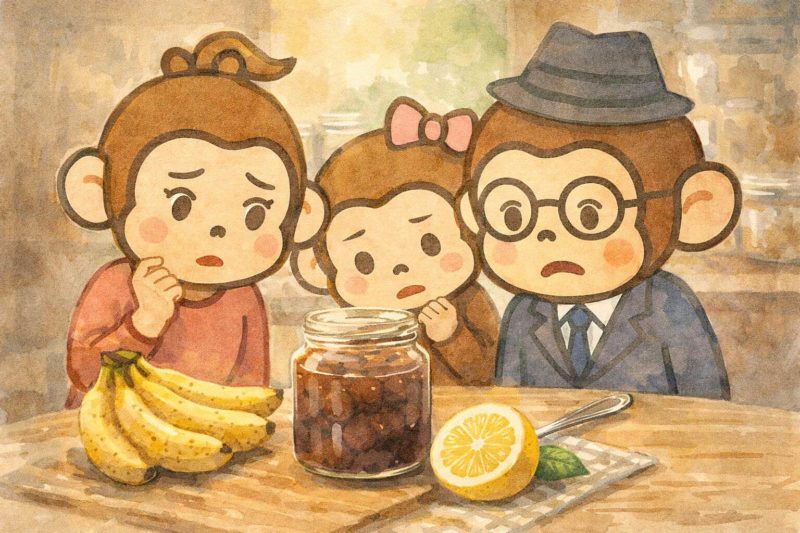 おサルの一家が、失敗したバナナジャムに困惑しているシーン