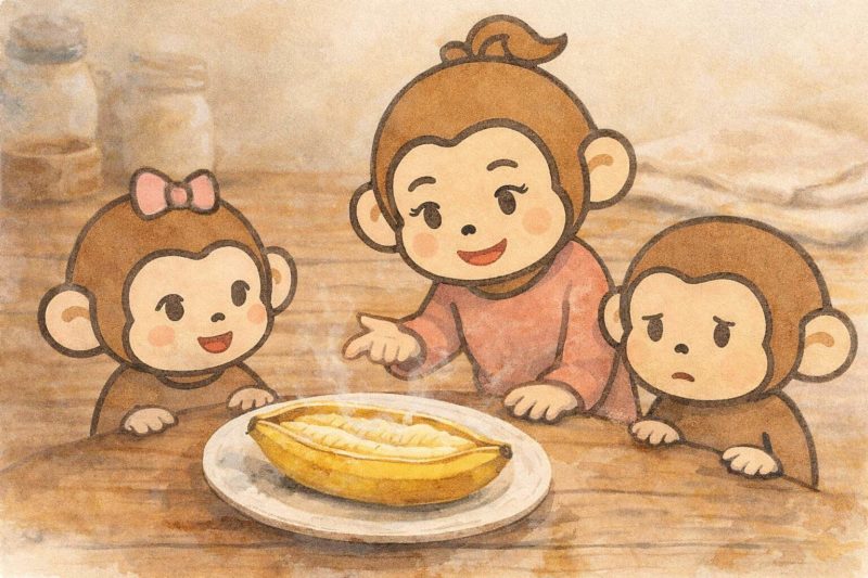 皮ごと温めたバナナを期待と不安で見つめるおサルの家族