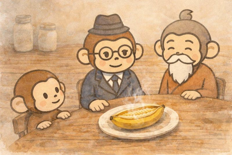 上手に作ることに成功したホットバナナを見て満足そうなおサルの家族