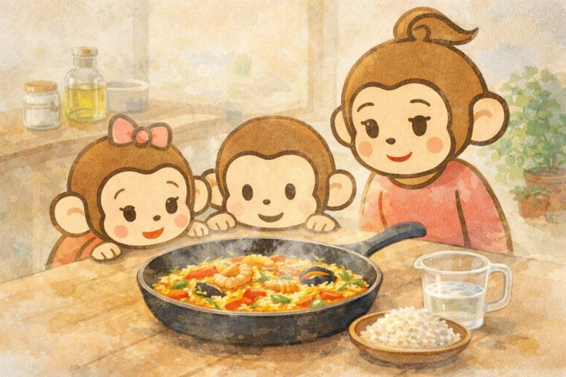 おサルの一家が出来立てのパエリアを眺めている
